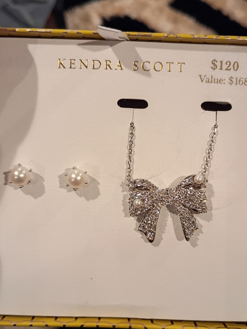 Kendra Scott Silver Pave Bow Necklace with Pearl Earrings